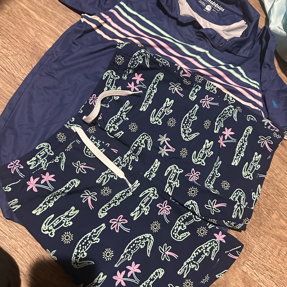 chubbies Navy Swim Trunks and shirt with Mint & Pink Alligator Print